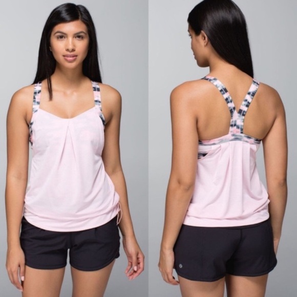 lululemon athletica Tops - Lululemon rest less tank barely pink wamo camo built in bra drawstring bottom, 6